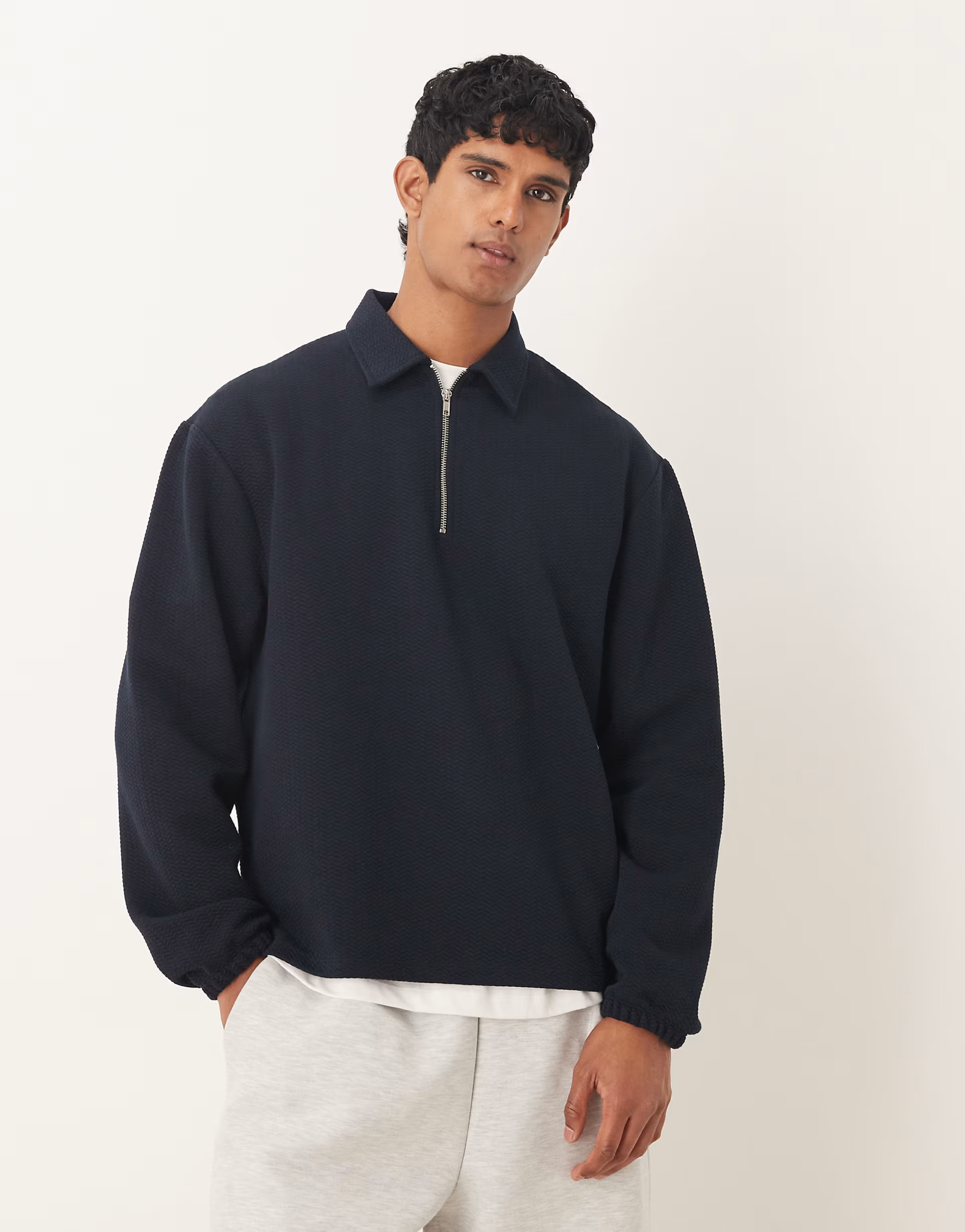 ASOS DESIGN relaxed quarter-zip sweatshirt in navy | ASOS | ASOS (Global)