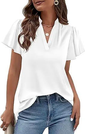 PRETTYGARDEN Womens Summer Tops, Satin V Neck Ruffle Cap Sleeve Blouse, Wrinkle-free, Airy Soft, ... | Amazon (US)