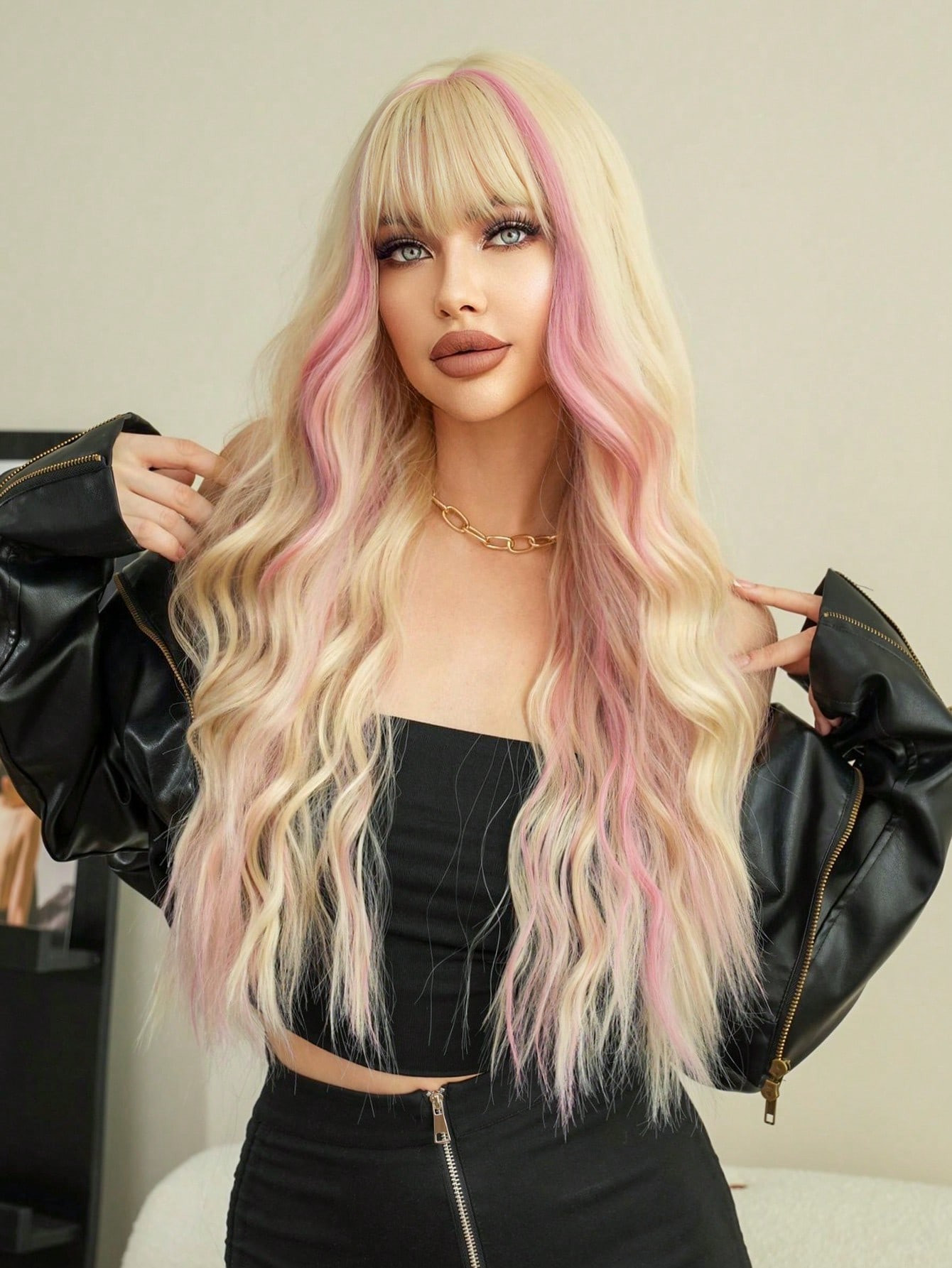 7JHHWIGS Blonde Wig With Bangs Long Loose Wavy Wig Highlight Pink Hair Synthetic Heat Resistant F... | SHEIN