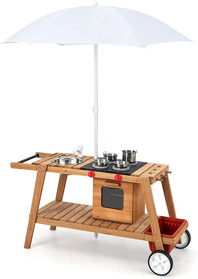Costzon Mud Kitchen with Removable Umbrella, Wooden Portable Cooking Cart with Wheels, Sink, Pret... | Amazon (US)