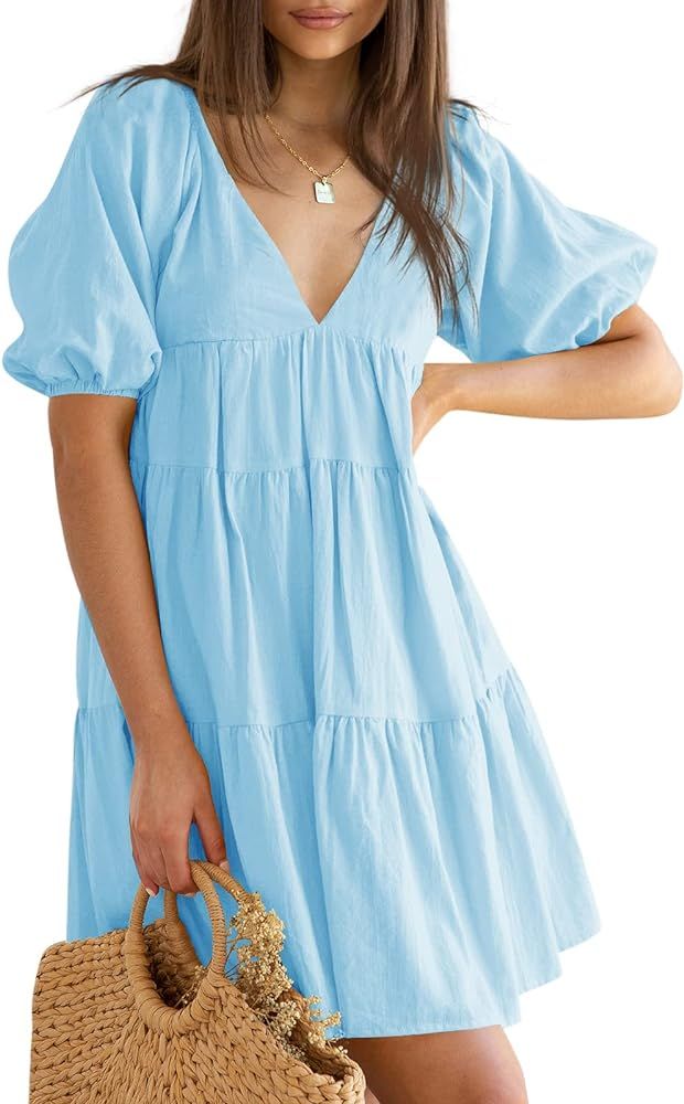 Valpweet Womens Summer Dresses Deep V Neck Mini Sundress Casual Lantern Short Sleeve Flared Ruffl... | Amazon (US)