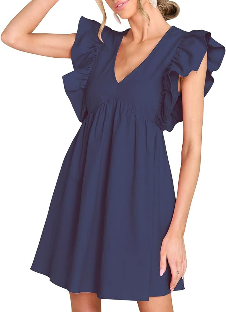 FANCYINN Women's Summer Casual Babydoll Mini Dress Ruffle Sleeveless Deep V Neck High Waist Pleat... | Amazon (US)