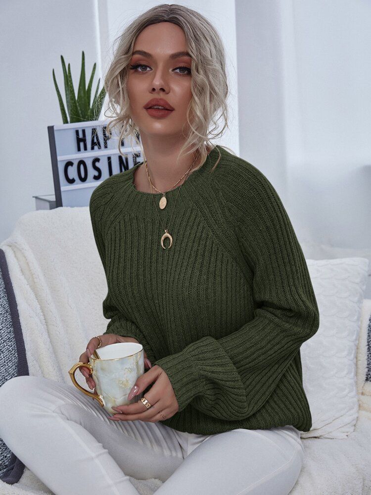 Solid Raglan Sleeve Rib-knit Sweater | SHEIN