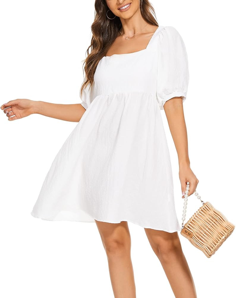 DingCo Babydoll Dress for Women Square Neck Puff Sleeve Backless High Waist Tie Back Mini Dress | Amazon (US)
