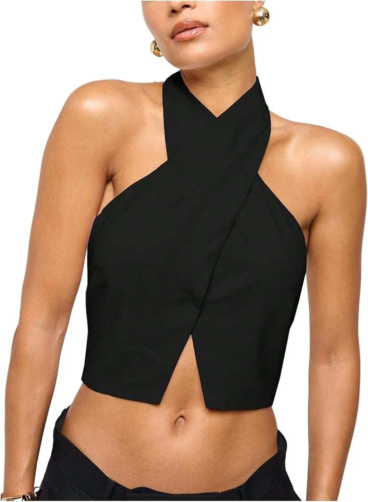Floerns Women's Elegant Sleeveless Halter Tops Criss Cross Night Out Crop Tank Top | Amazon (US)