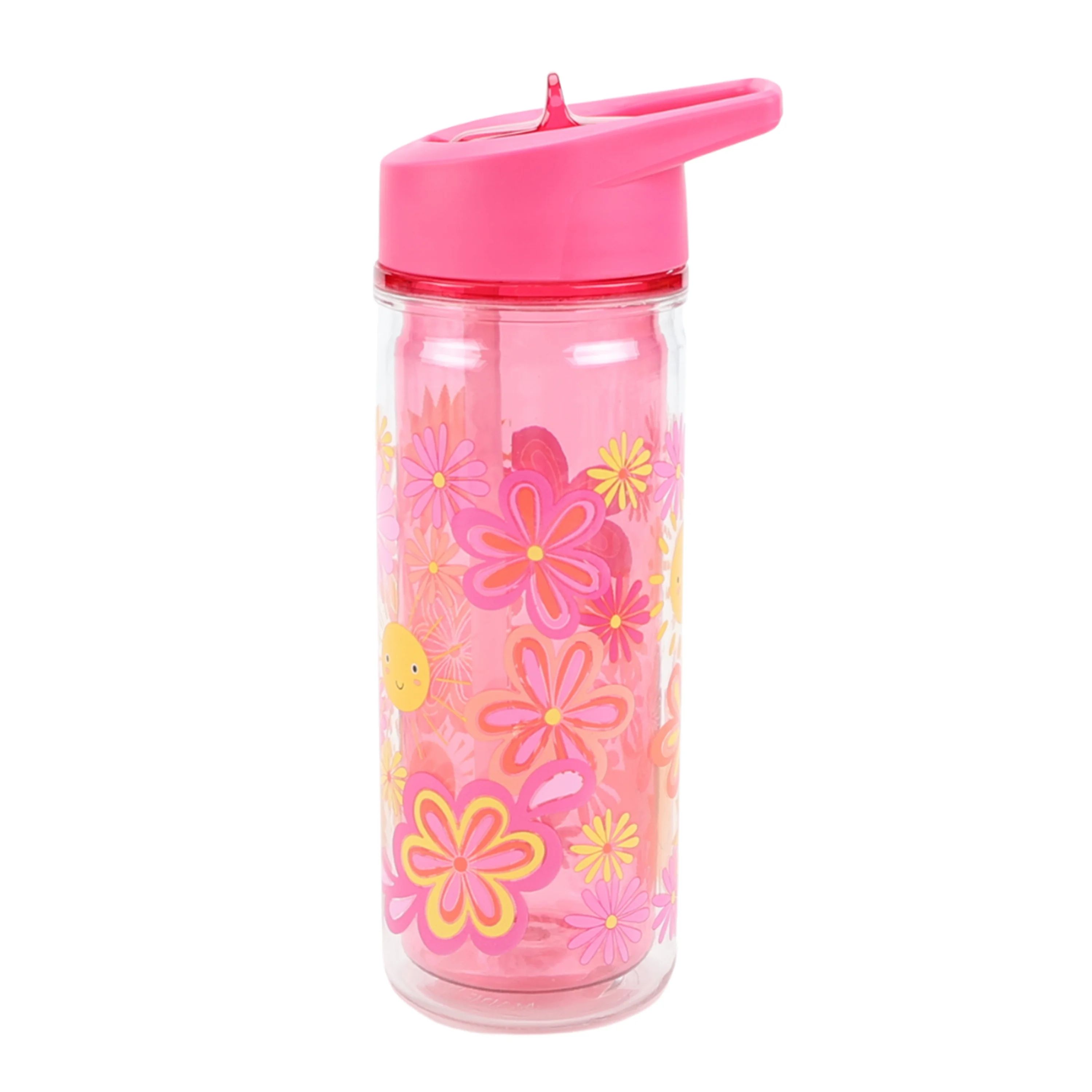 Your Zone 14-Ounce Plastic Water Bottle with Lid and Straw, Flower, Double Wall Insulated | Walmart (US)