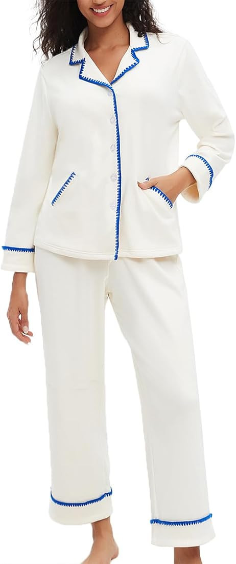 CHYRII Womens Pajamas Sets Fall Fashion Flannel Scalloped Button Up Long Sleeve PJ Sets Two Piece... | Amazon (US)