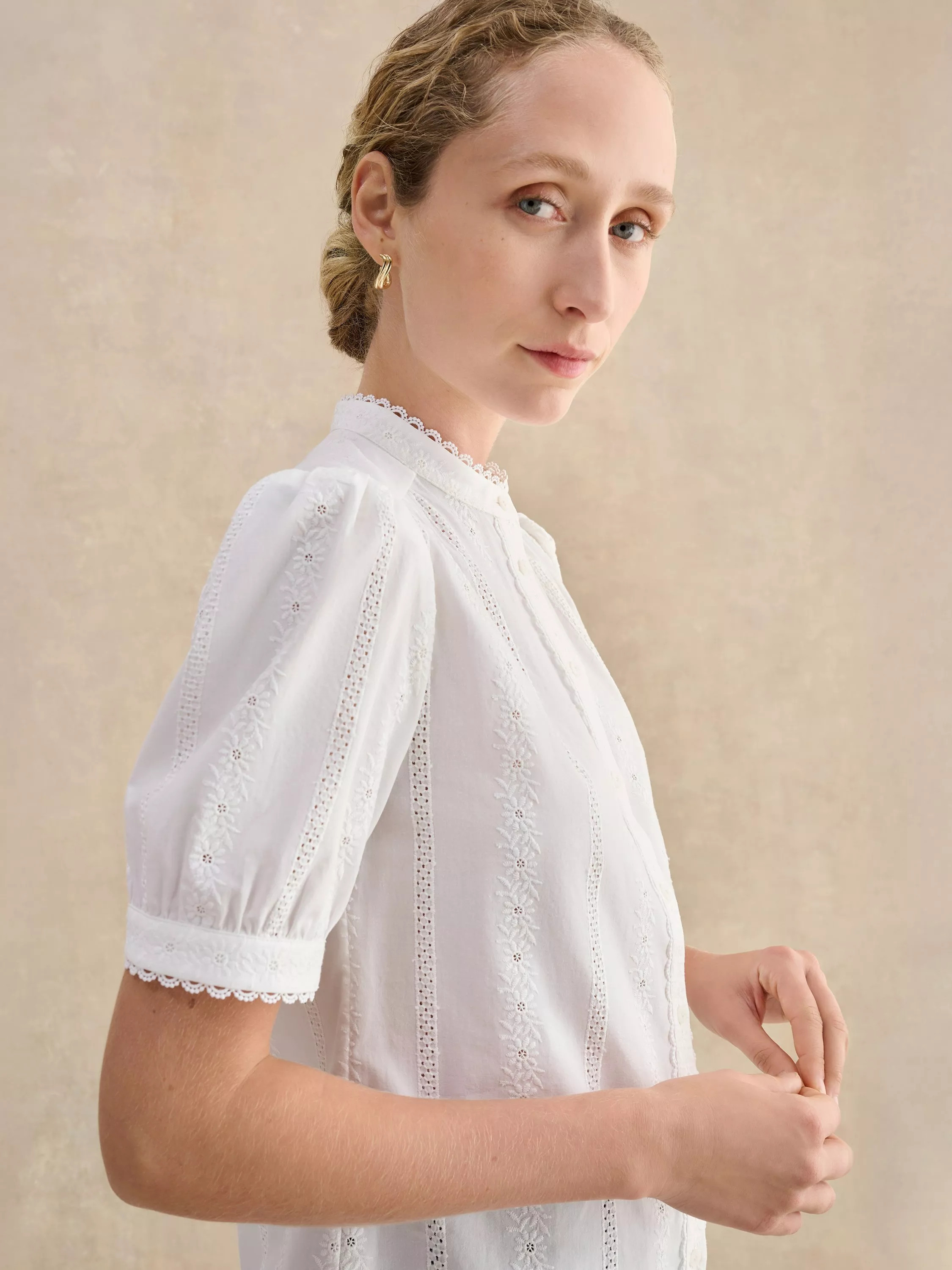 Hobbs Sawyer Embroidered Cutwork Shirt, White | John Lewis (UK)