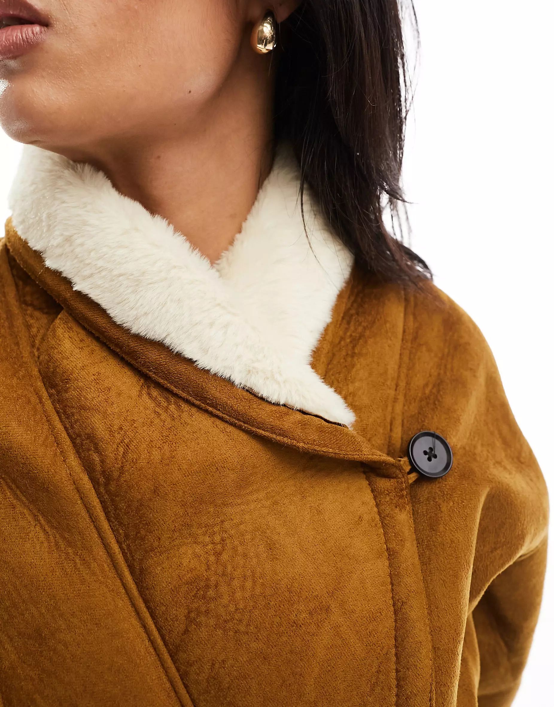 Pull&Bear faux suede shearling detail  coat in tobacco brown | ASOS (Global)