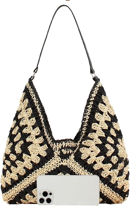Straw Hobo Bag for Women 2026 Boho Woven Beach Purse Large Summer Straw Tote with Lining Black Ra... | Amazon (US)