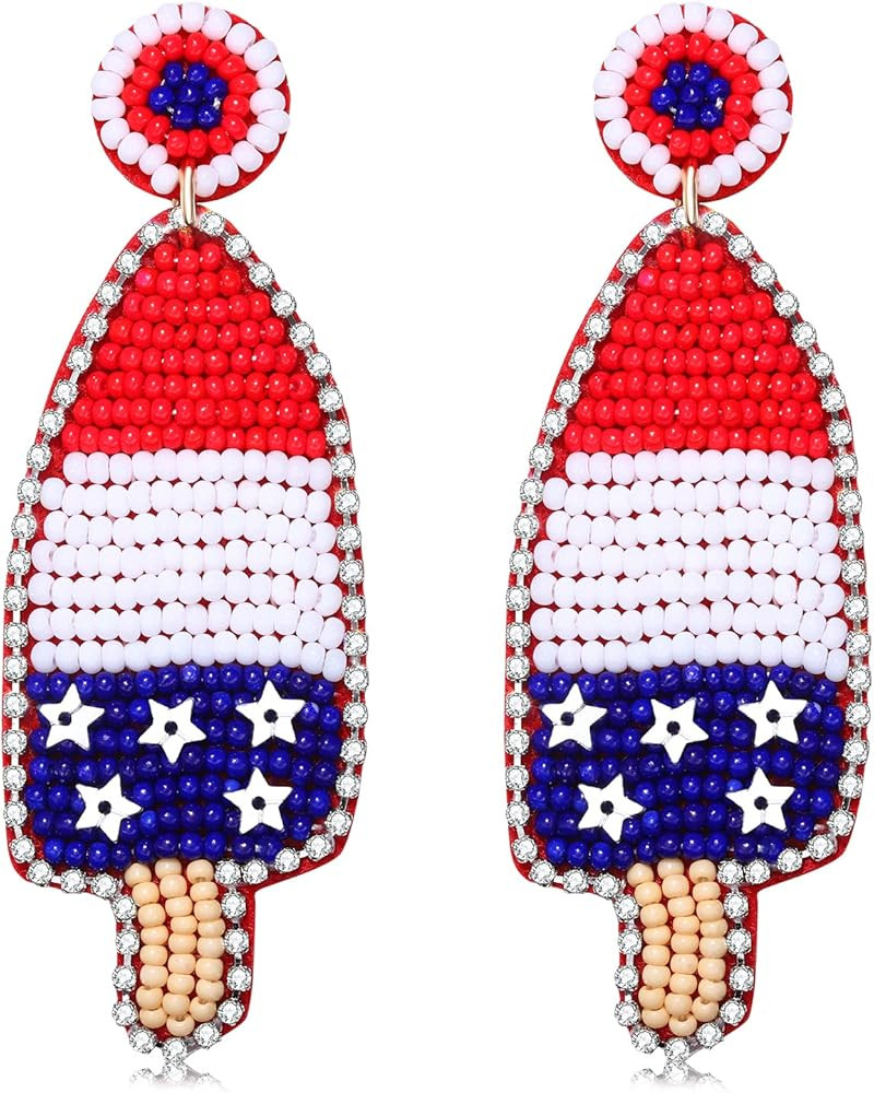 HZEYN American Flag Earrings Beaded Patriotic Popsicle Hat Drop Dangle Earrings Independence Day ... | Amazon (US)