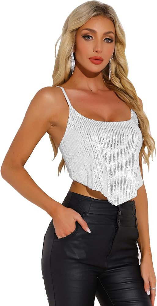 Allegra K Women's Sequin Crisscross Backless Spaghetti Straps Disco Party Crop Cami Top | Amazon (US)