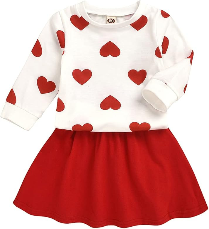 XFGLCK Toddler Kids Baby Girls Valentine's Day Outfits Long Sleeve Heart Print Top + Red Skirts S... | Amazon (US)