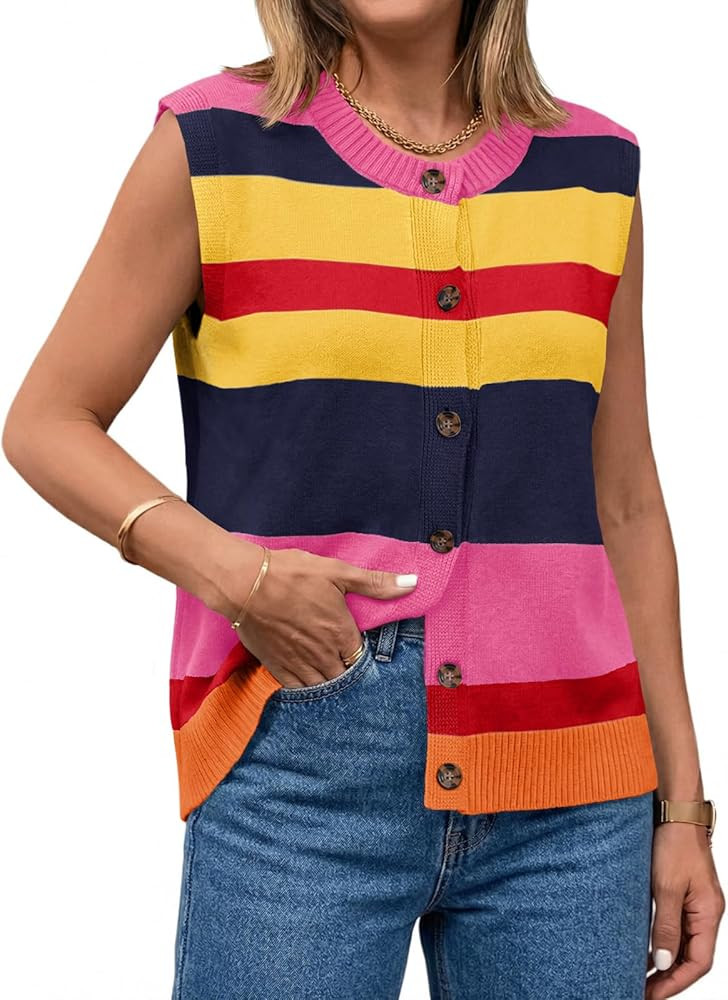 Tankaneo Womens Color Block Striped Sweater Vest Tops Summer Casual Button Up Knit Sleeveless Car... | Amazon (US)