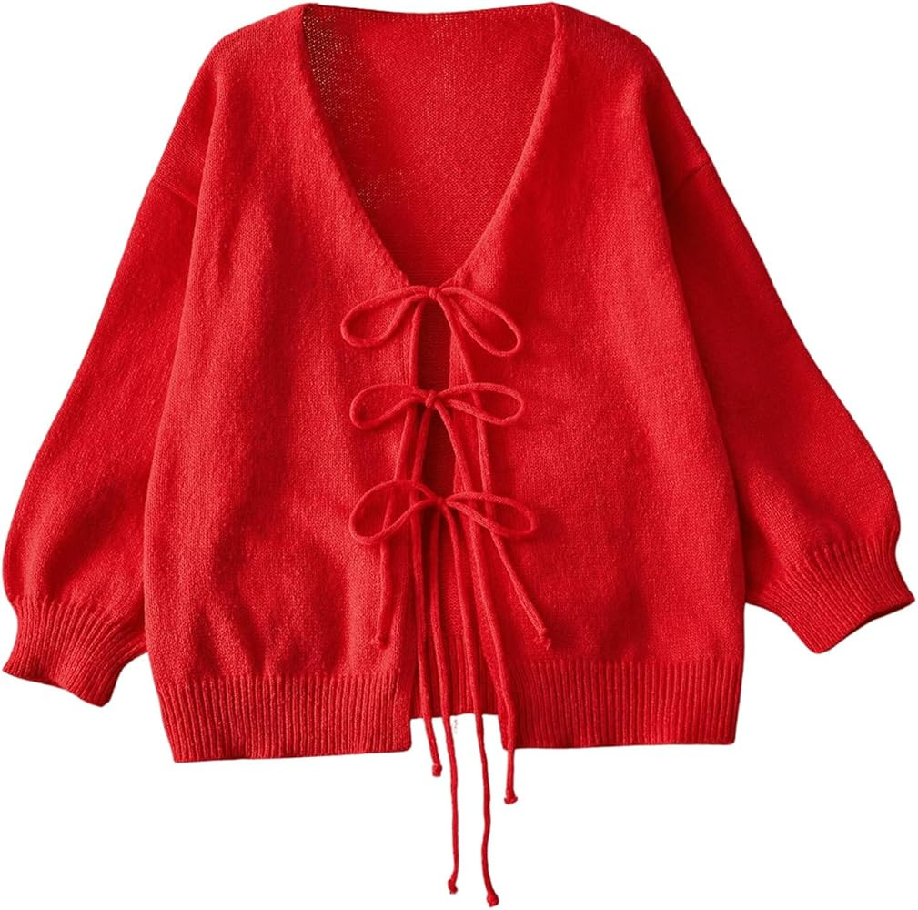MakeMeChic Women's Plus Size Cardigan Sweater Fall Bow Tie Front Knit Outerwear | Amazon (US)