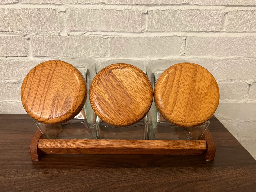 Vintage Glass Canister Set with holder and Wooden Lids Kitchen Decor storage | Etsy (US)