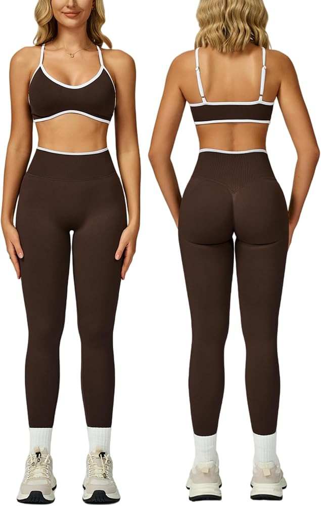 Womens Workout Sets 2 Piece Contrastline Sports Bra Seamless High Wait Butt Lifting Leggings Gym ... | Amazon (US)