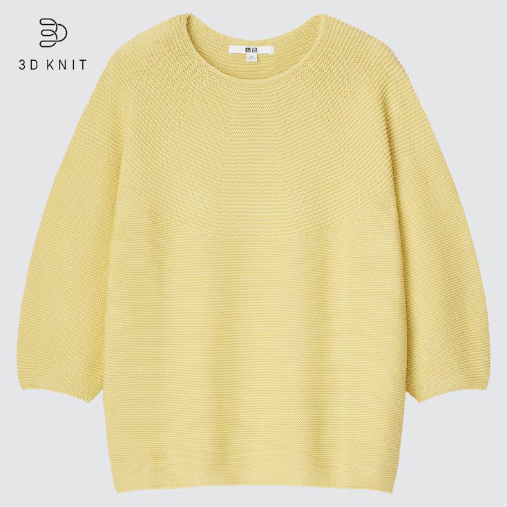 UNIQLO Women's 3d Knit Cotton Volume 3/4-Sleeve Sweater, Yellow, M | UNIQLO (US)