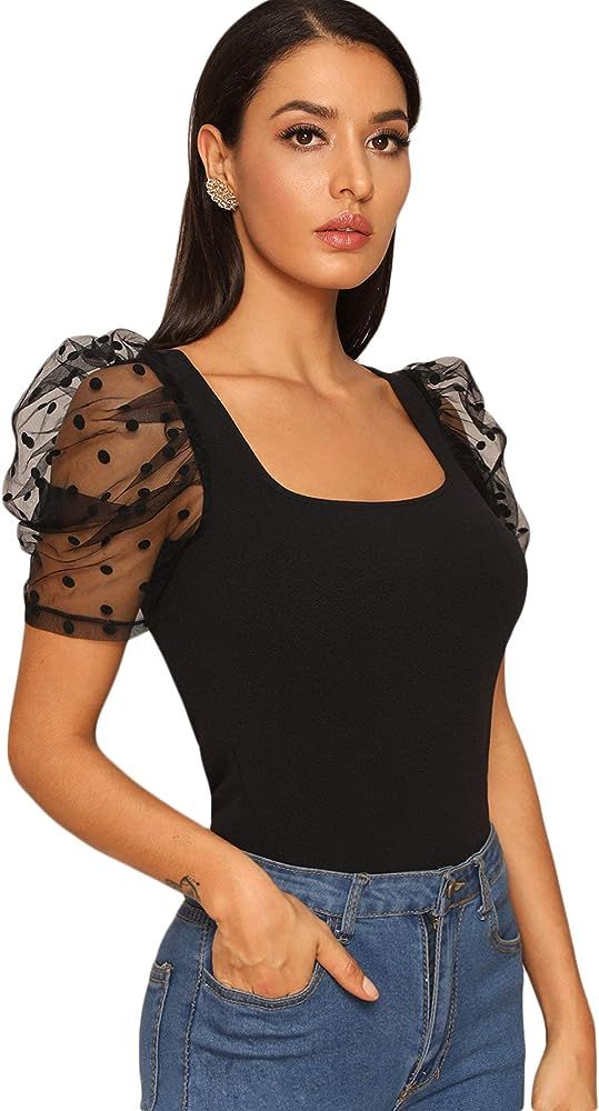 Verdusa Women's Sheer Dobby Mesh Puff Sleeve Square Neck Top | Amazon (US)