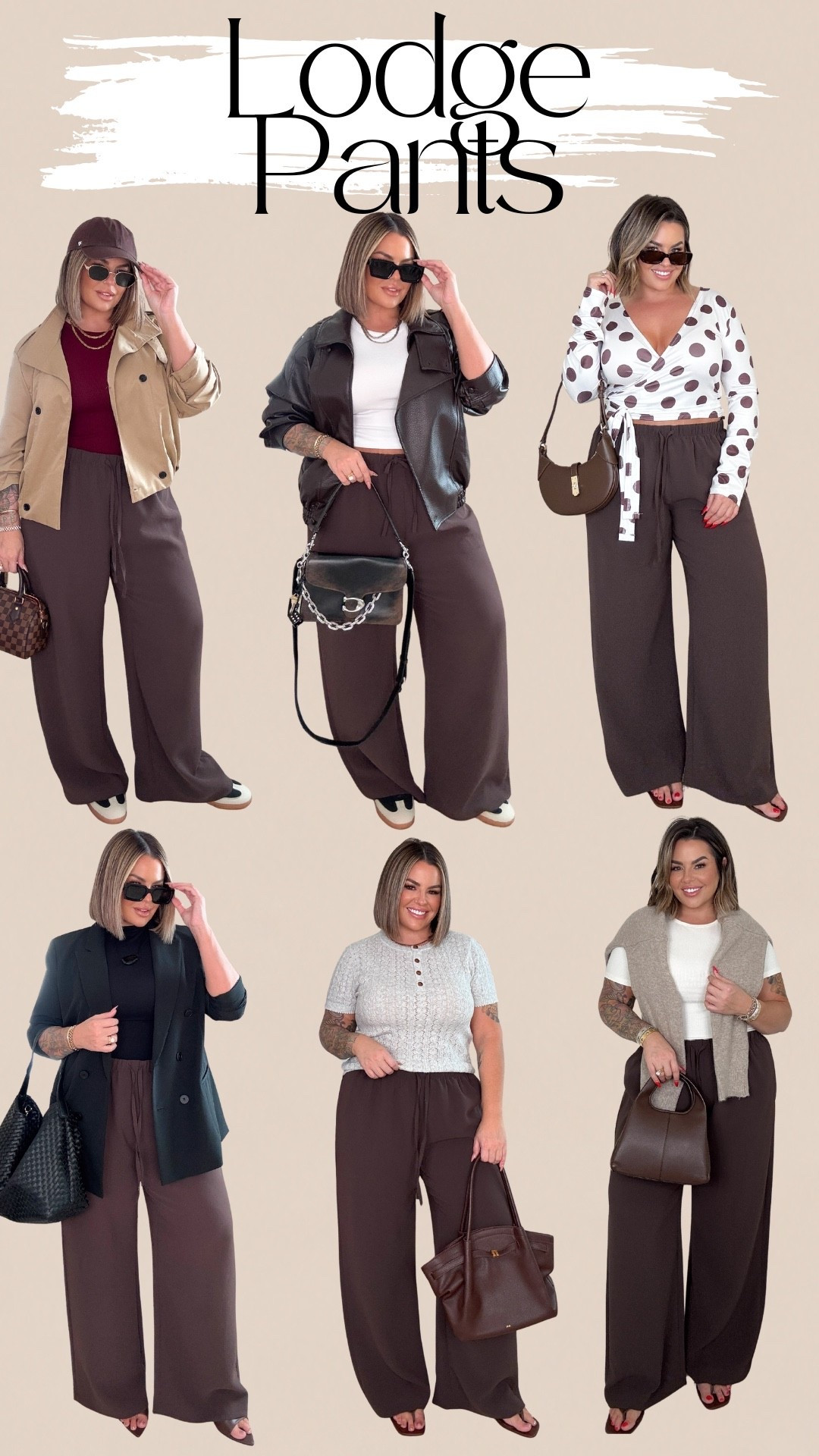 Lodge pants xl reg length is perfect for a relaxed fit that super comfy & best part is they don’t wrinkle ! These are not crazy expensive but they are a splurge but I promise you will get so much use out of them! Here is 6 different outfit ideas styling them for example. Wear them to work or style them casual for the weekend. 

Trench jacket L 
Burgundy tank L 
Moto jacket xl 
White tee L 
Polka dot top xl 
Black mock neck L 
Blazer sold out linked similar 
Sweater top L 
White tee bottom row L ( 3pack) 

Coach bag is sold out no link sorry

Use code shayna15 on necklace to save $ 

#aritzia 
#target #amazon #adidas #coach