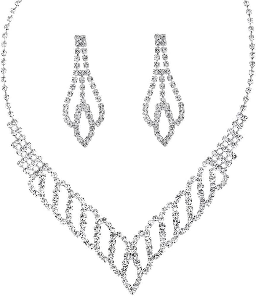 Jumwrit Bridal Necklace Earrings Set V Shape Rhinestone Necklace Dangle Earrings Silver Wedding J... | Amazon (US)