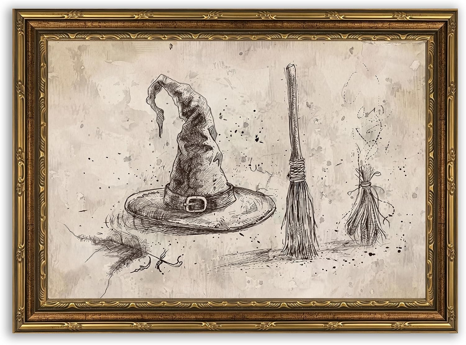 Gold Framed Vintage Halloween Witch Canvas Wall Art, Dark Academia Poster Print Artwork, Boho Minimalist Sketch Painting Picture, Neutral Witch Hat Broom Wall Decor, for Cottage Home Decor, 9x11in | Amazon (US)