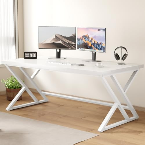 LVB Modern White Computer Desk, Long Industrial Home Office Desk for Student, Large Metal Wood Writing Study Work Desk, Farmhouse Executive Gaming Computer Table for Bedroom Living Room, White, 60 in | Amazon (US)