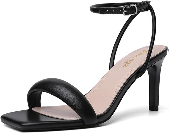 RIBONGZ Womens Sandals Dressy Gold Strappy Square Open Toe Chunky Heels Ankle Strap Kitten Sexy H... | Amazon (US)