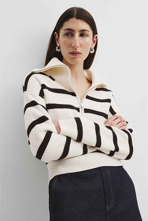 Organically Grown Cotton Blend Stripe Zip Neck Rib Knit | Country Road
