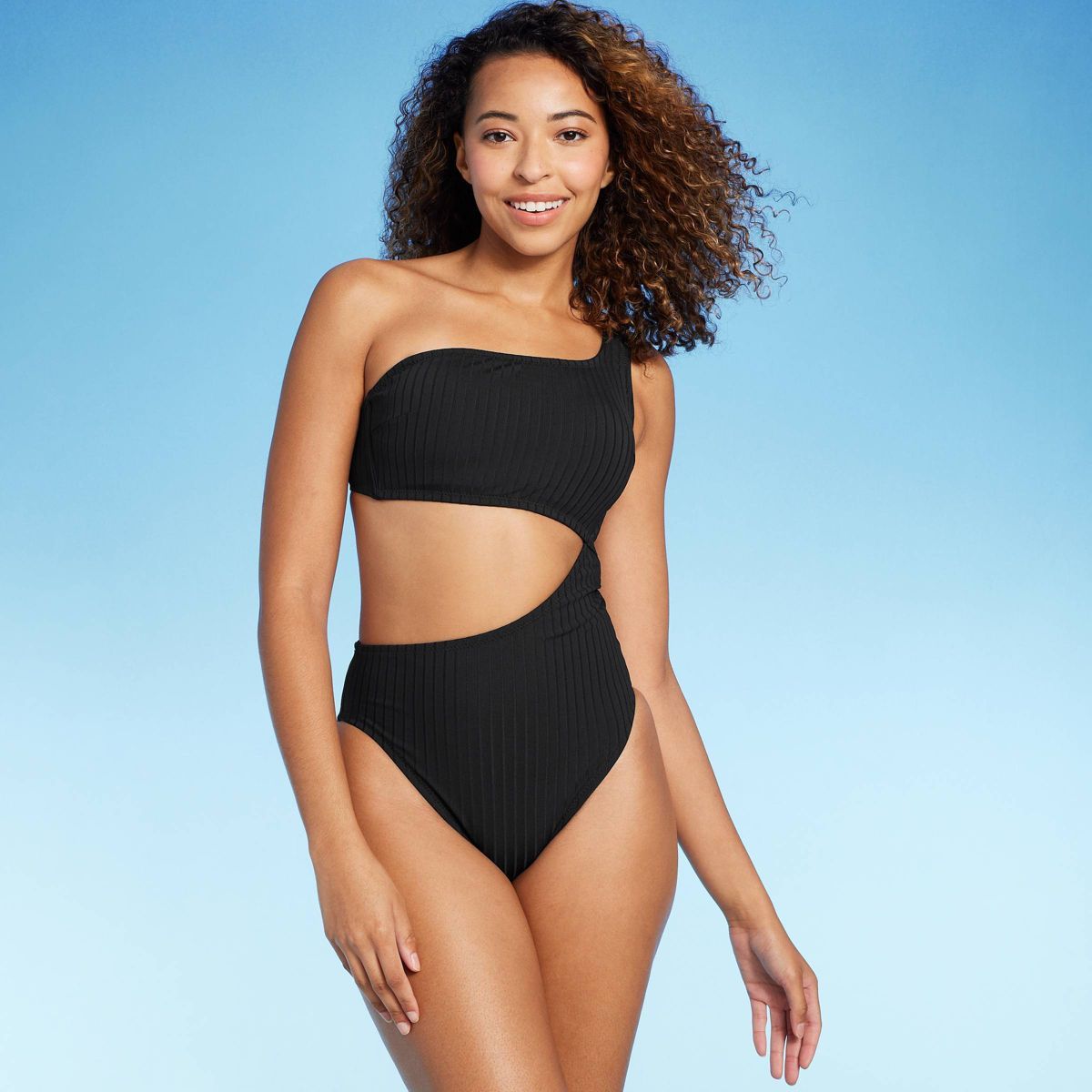 Women's Ribbed One Shoulder Cut Out One Piece Swimsuit - Shade & Shore™ Black M | Target