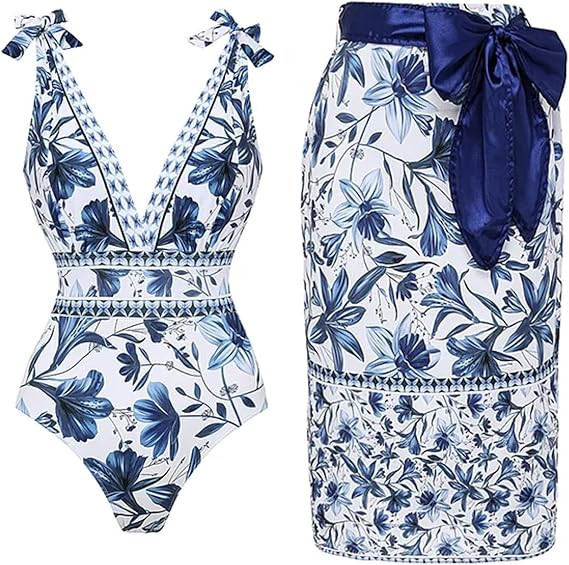 FLAXMAKER Blue and White V Neck Lace Up Strip Plant Prints One Piece Swimsuit and Skirt/Sarong | Amazon (US)