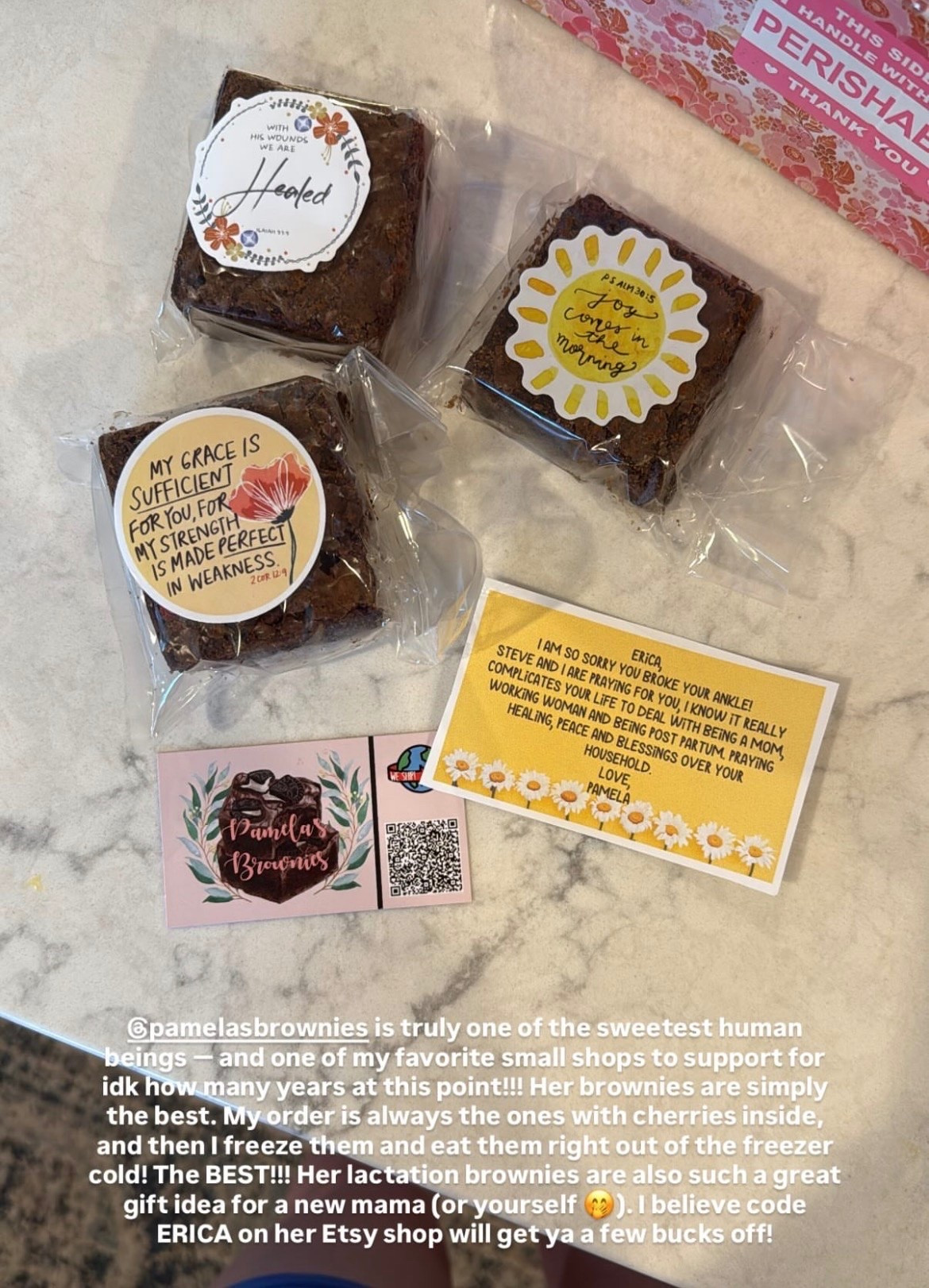 Pamela is truly one of the sweetest human beings, and her brownies are AMAZING! Use code ERICA on her Etsy shop for a discount!

#LTKmomlife #LTKselfcare #LTKfoodie