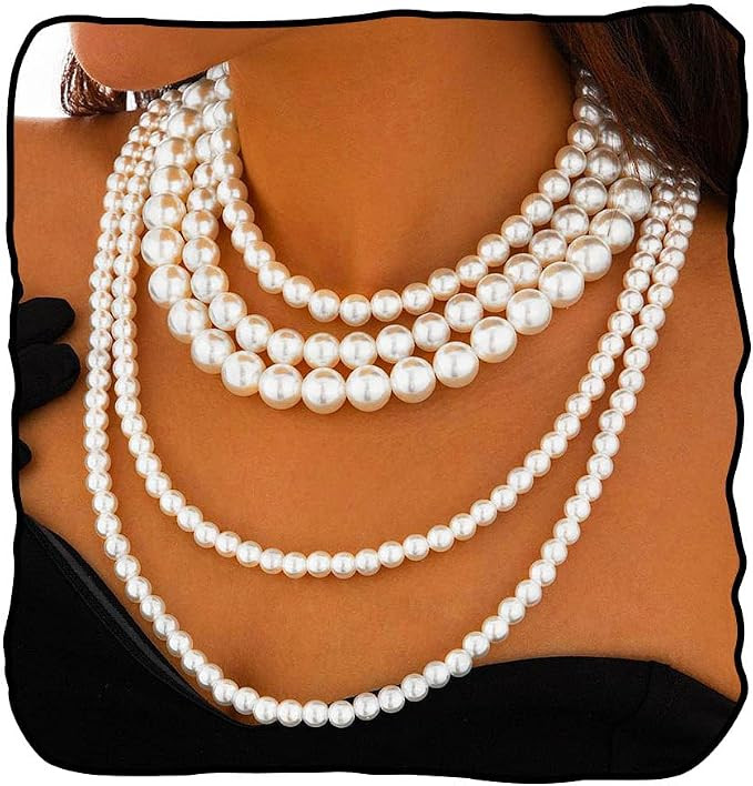 Layered Pearl Necklace for Women Long Pearls Necklaces Strand Pearl Necklace Statement Pearls Cho... | Amazon (US)