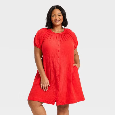 Women's Puff Short Sleeve Button-Down Mini A-Line Sundress - Universal Thread™ | Target