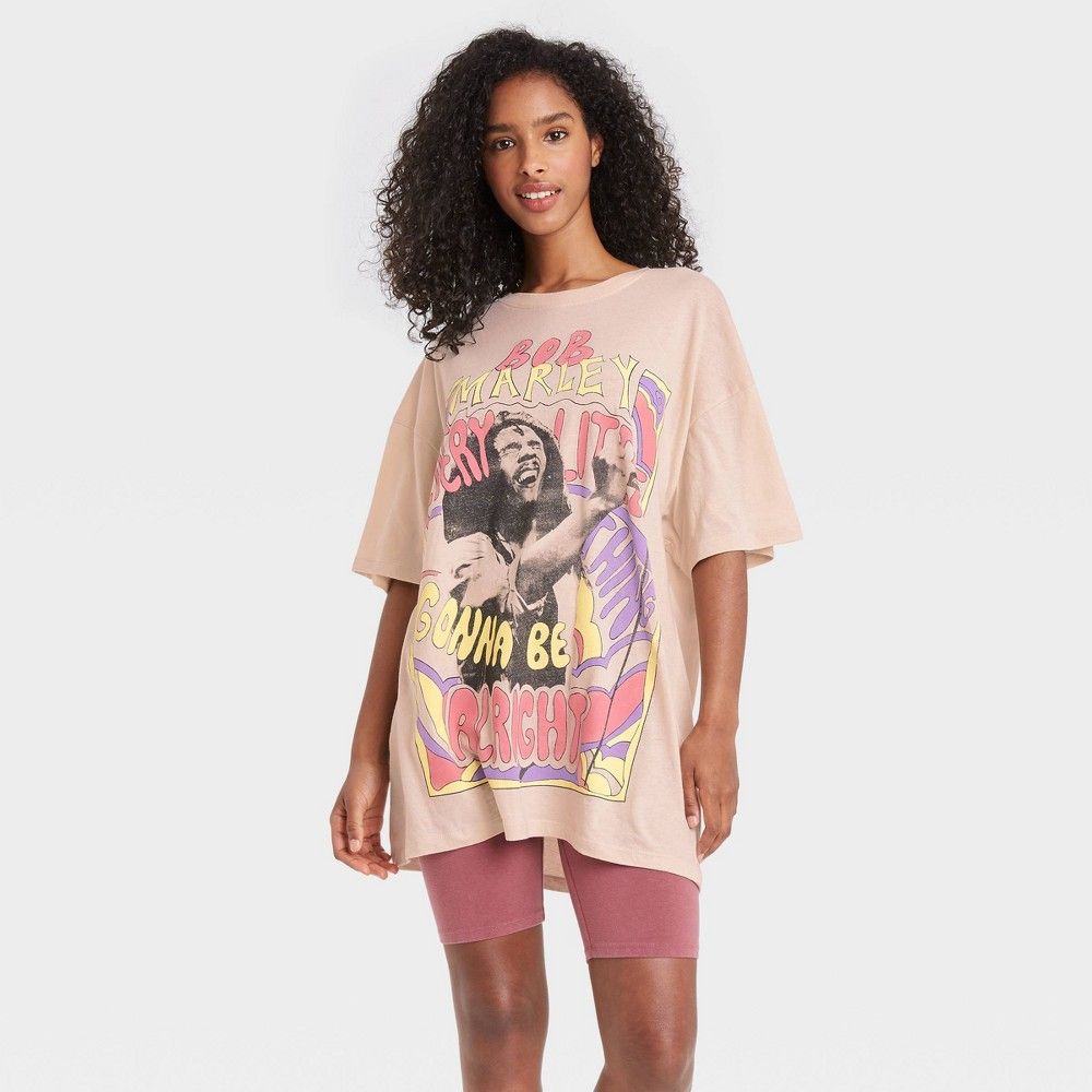 Women's Bob Marley Short Sleeve Graphic T-Shirt Dress - Tan L/XL | Target