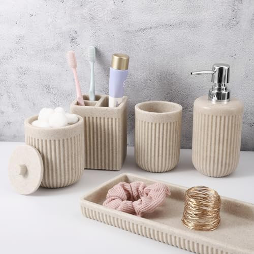Resin Beige Bathroom Accessories Set 5 Pcs, Lotion Soap Dispenser Toothbrush Holder Bathroom Tumb... | Amazon (US)