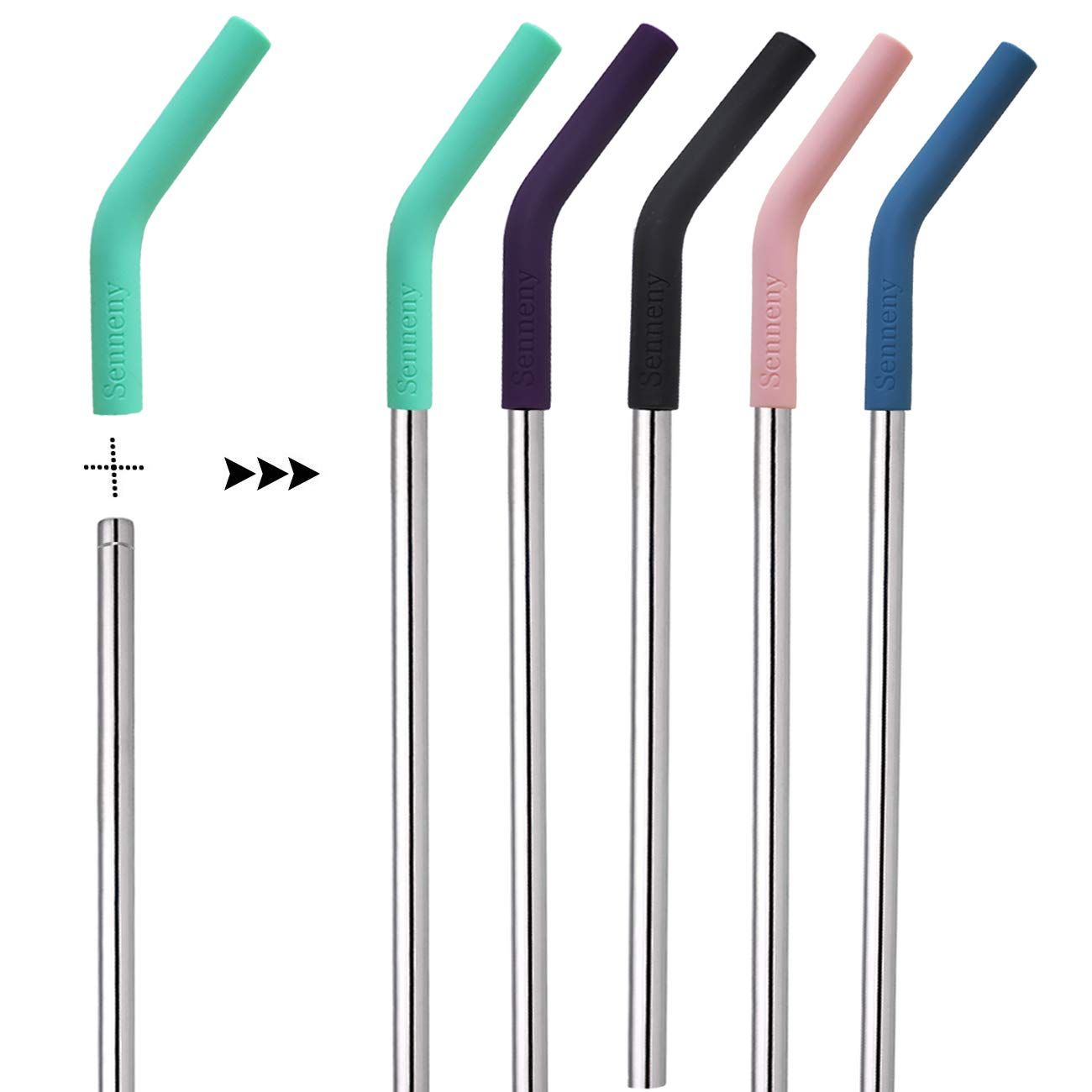Senneny Set of 5 Stainless Steel Straws with Silicone Flex Tips Elbows Cover, 2 Cleaning Brushes and | Amazon (US)