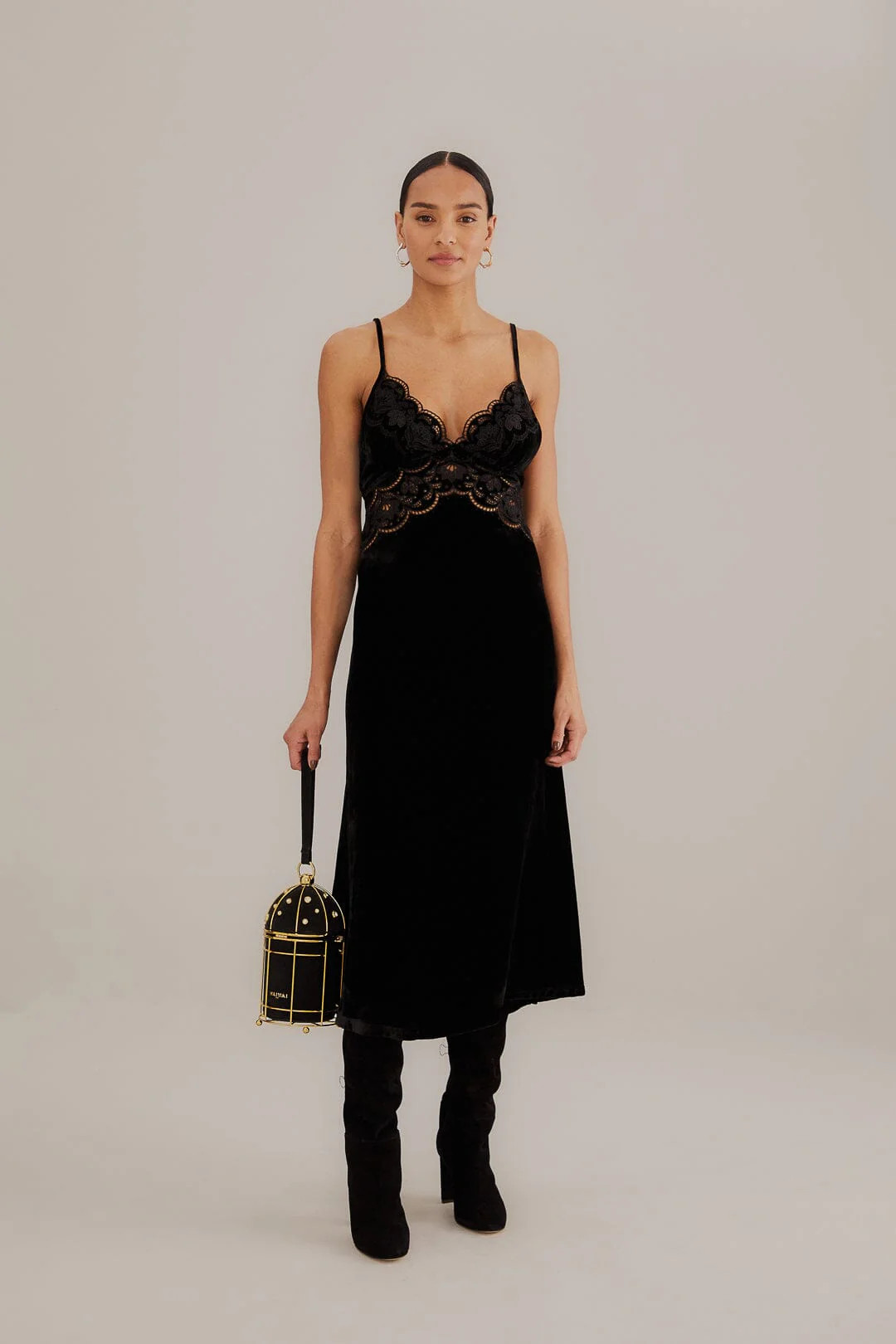 Black Richelieu Velvet Slip Dress | FarmRio (US)