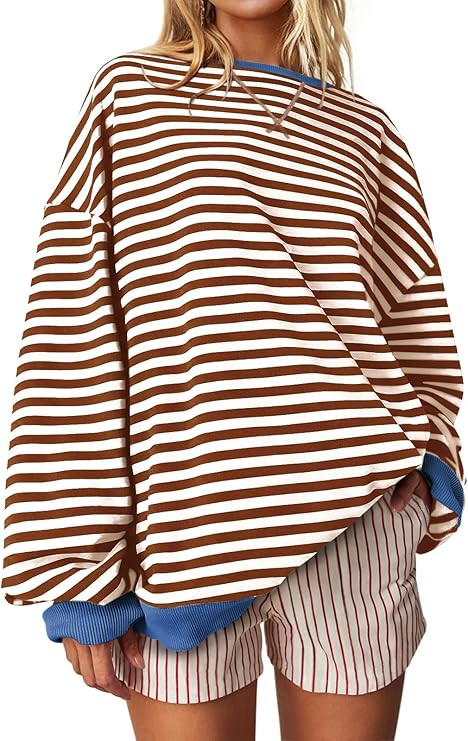 UEU Women Oversized Striped Crewneck Sweatshirt Long Sleeve Color Block Pullover Tops Casual Loos... | Amazon (US)