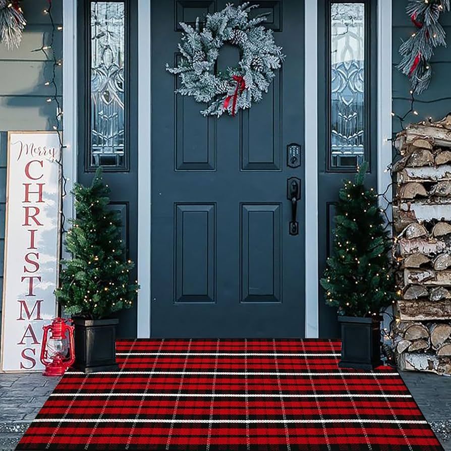 Buffalo Plaid Outdoor Rug Christmas Door Mat Christmas Decor Welcome Rug Cotton Hand-Woven Layere... | Amazon (US)