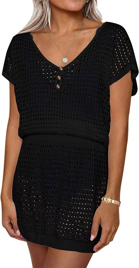 AOLRO Women's Swim Coverups Crochet Hollow Out Short Sleeve V Neck Beach Swimsuit Bathing Suit Co... | Amazon (US)