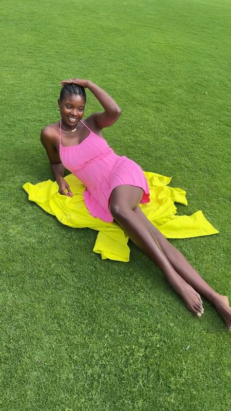 Pink pleated halter dress for spring with a neon yellow cover up  

#LTKFestival #LTKunder100