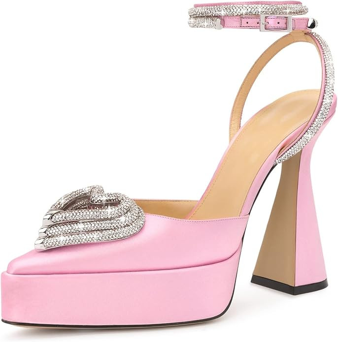 VivaLaver Women Platform Pumps Rhinestone Triple Heart Chunky Heels Crystal Embellished Ankle Str... | Amazon (US)