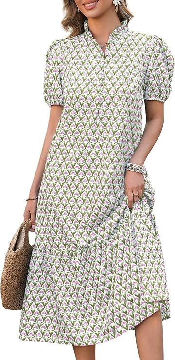 Wenrine Womens Summer Floral Maxi Dress Casual V Neck Puff Short Sleeve Button Flowy Beach Boho L... | Amazon (US)