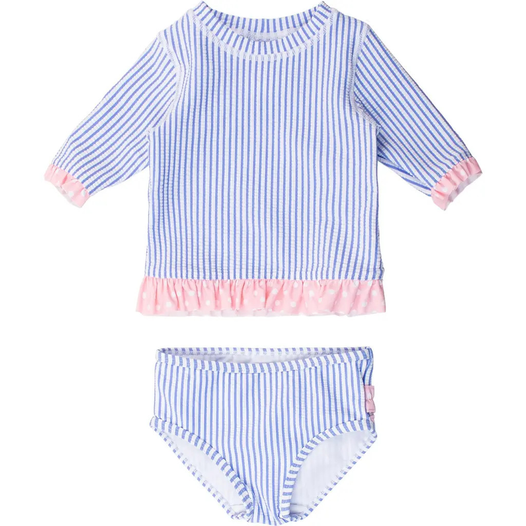 RuffleButts Baby/Toddler Girls UPF50+ Seersucker Short Sleeve Ruffle Rash Guard Bikini in Periwinkle Blue Seersucker at Nordstrom, Size 7 | Nordstrom