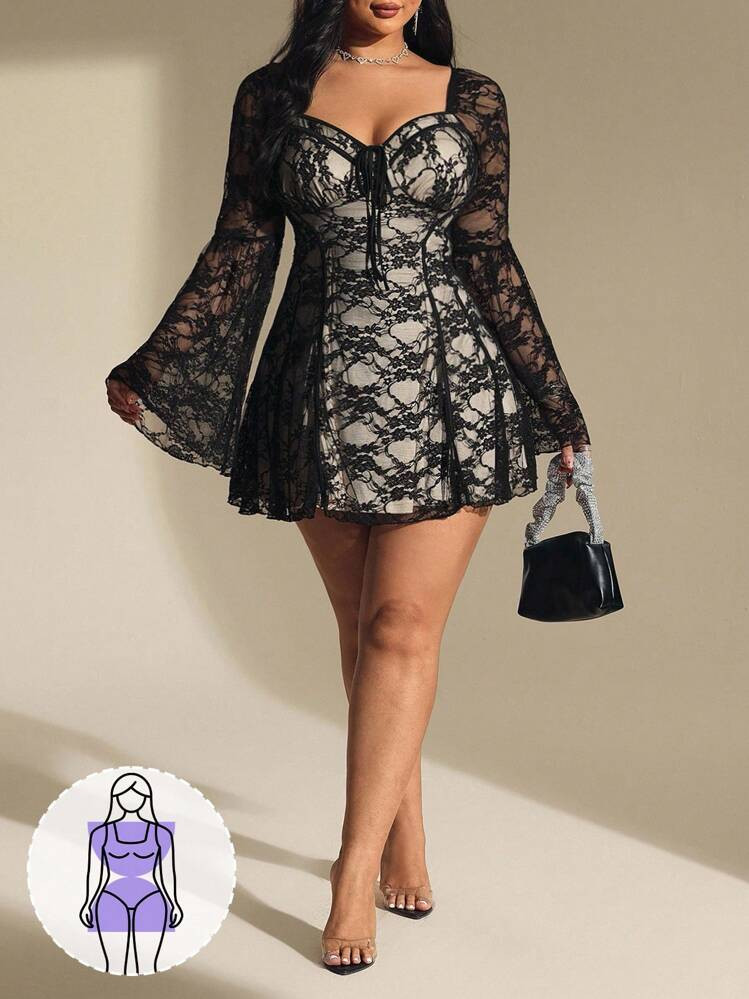 Hourglow Emily_louise_swain Fall Dress For Women, Winter Plus Size Women's Sexy Sheer Lace Sweetheart Neck Flare Sleeve Waist Cinched Dress, Black Lace Dress, For Hourglass Body Shape | SHEIN