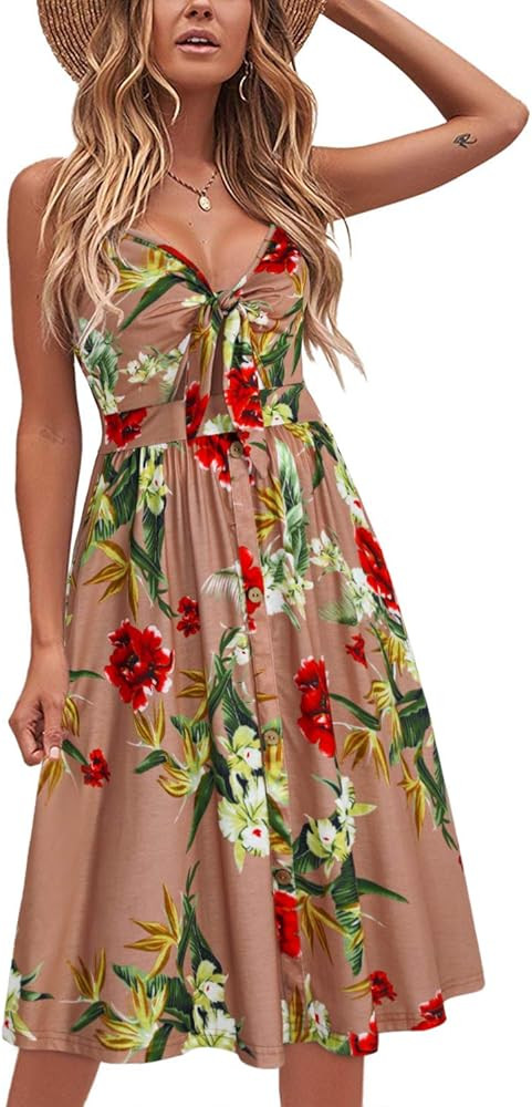 VOTEPRETTY Womens Summer Floral Sundress V Neck Tie Front Spaghetti Strap Dresses with Pockets | Amazon (US)
