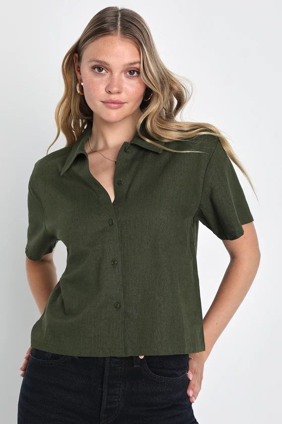 Easy Aesthetic Olive Green Linen Short Sleeve Button-Up Top | Lulus