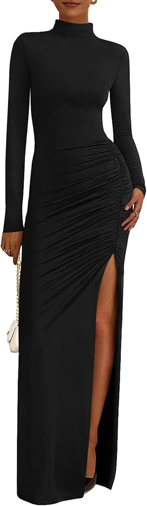 BTFBM Formal Dresses for Women 2025 Fall Long Sleeve Mock Neck Ruched Bodycon Slit Maxi Wedding G... | Amazon (US)