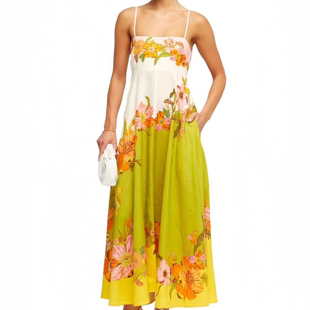 Tropical Paradise Maxi Dress, Cream White, Green Straps, Floor Length, Palm Tree Print, Summer Be... | Amazon (US)